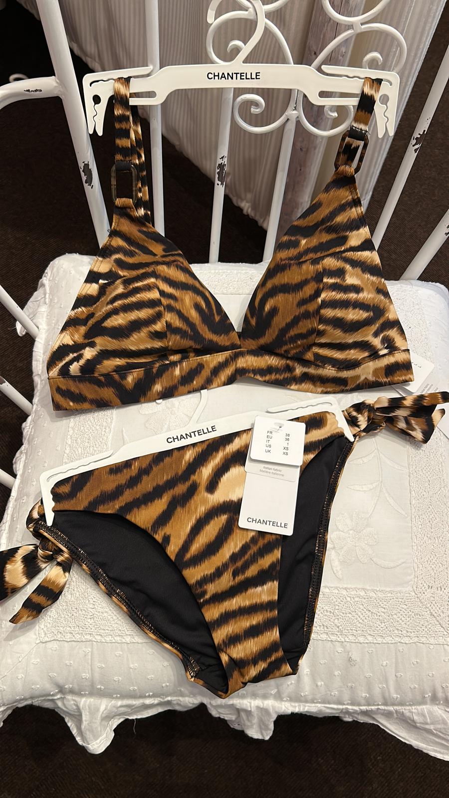 Tigerprint Bikini Set in Braun und Schwarz mit seitlichen Schleifen auf dem Unterteil
